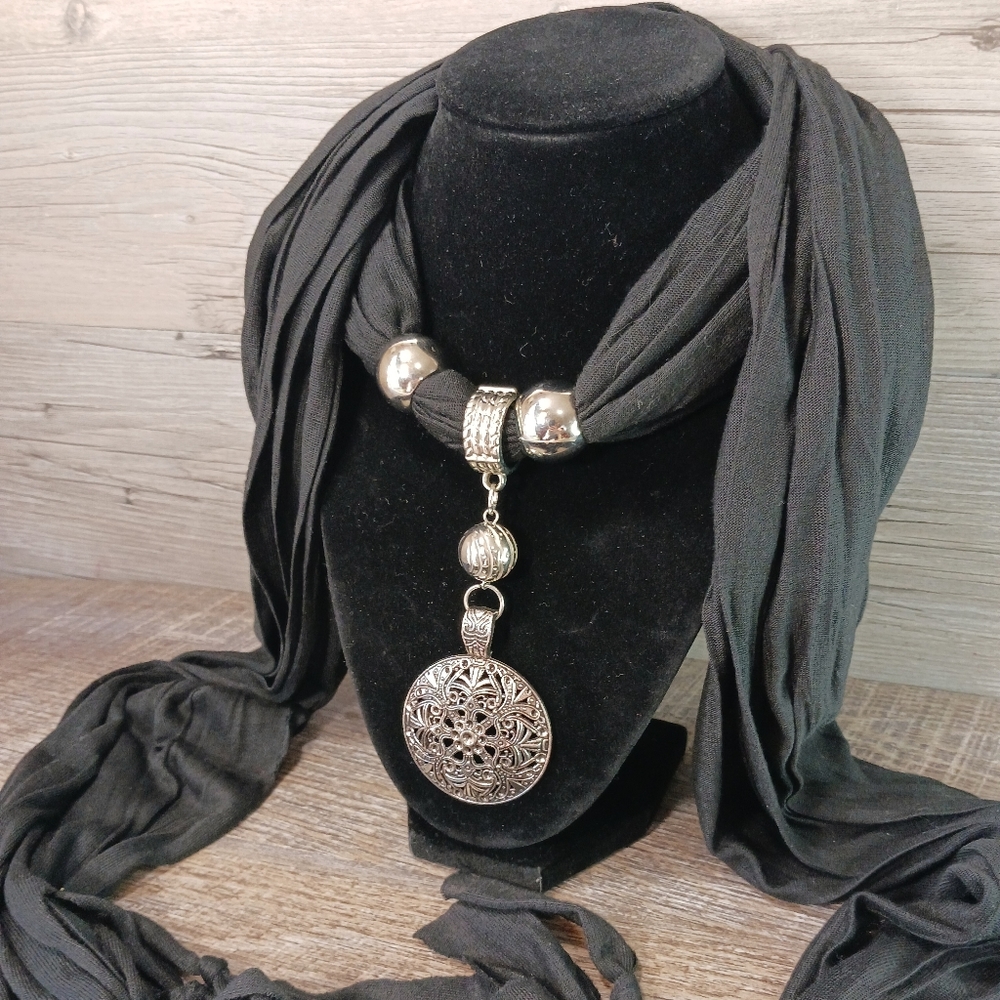 Scarf Necklace Women One Size Black Silver Pendant Winter Accessory Fringe